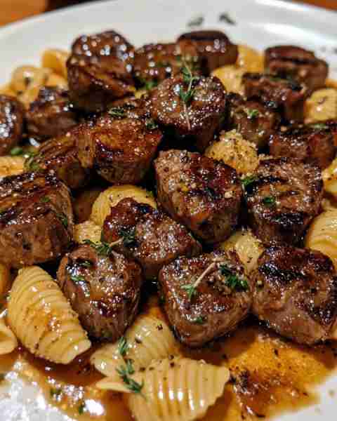 Garlic Butter Steak Bites with Creamy Parmesan Shell Pasta Ingredients: 1.5 lbs sirloin steak, cut i...