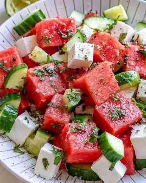 Simple Watermelon Cucumber Feta Salad **6 Ingredients: • 1 English cucumber • 1 Lime, fresh zest an...