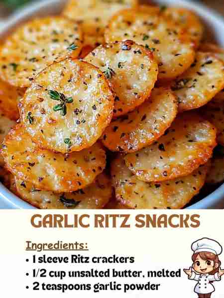 Garlic Ritz Snacks Ingredients 1 sleeve Ritz crackers ½ cup unsalted butter, melted 2 teaspoons garl...