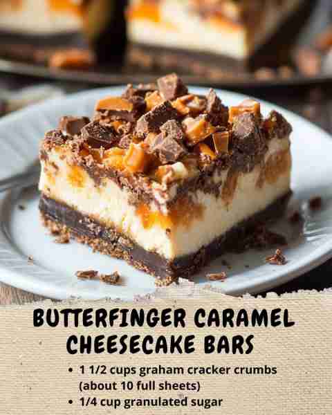 Butterfinger Caramel Cheesecake Bars 📦 Ingredients For the crust: 1 1/2 cups graham cracker crumbs...