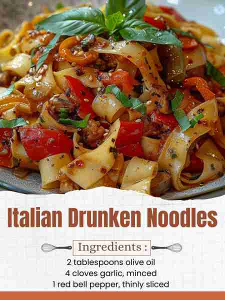 Italian Drunken Noodles Ingredients: 8 oz wide rice noodles 2 tablespoons olive oil 4 cloves garlic,...