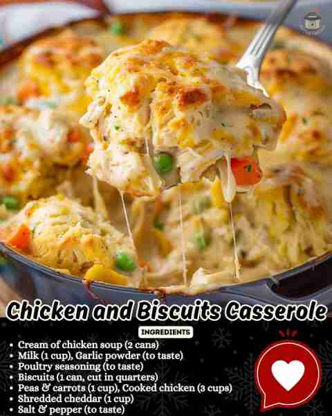Chicken & Biscuits Casserole = Weeknight Favorite! 🍽️ All the flavor of chicken & dumplings without...