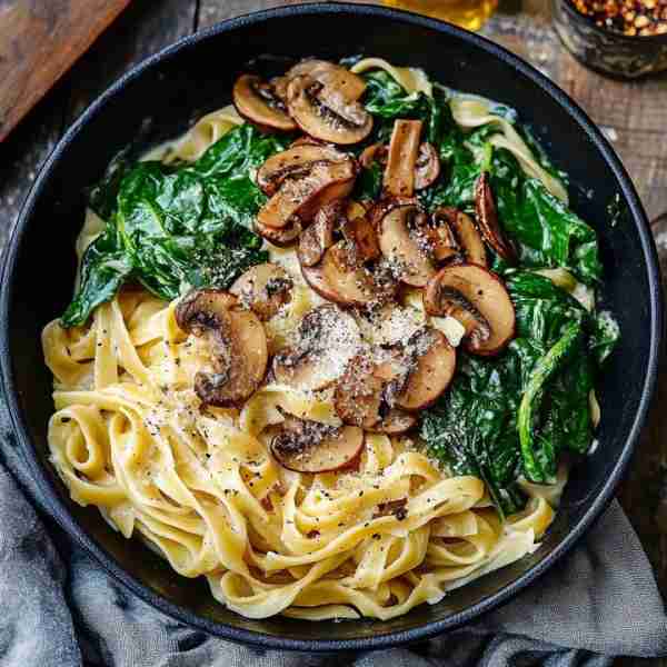 🍄🍃 Creamy Spinach Mushroom Pasta Magic 🍃🍄 This bowl of pasta is all about creamy comfort! Tender...
