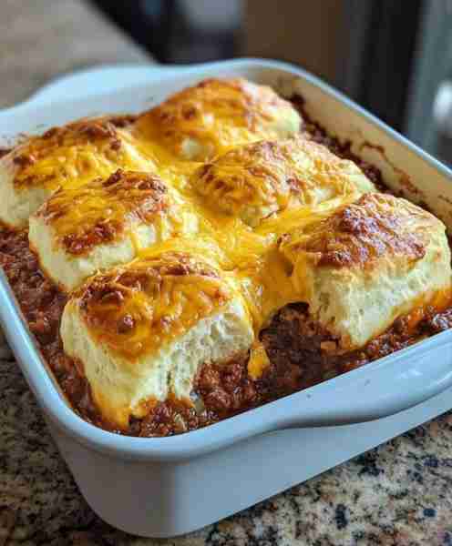 Sloppy Joe Biscuit Bake 🧀 Ingredients: 1 lb ground beef 1/2 onion, diced 1 can (15 oz) sloppy joe s...