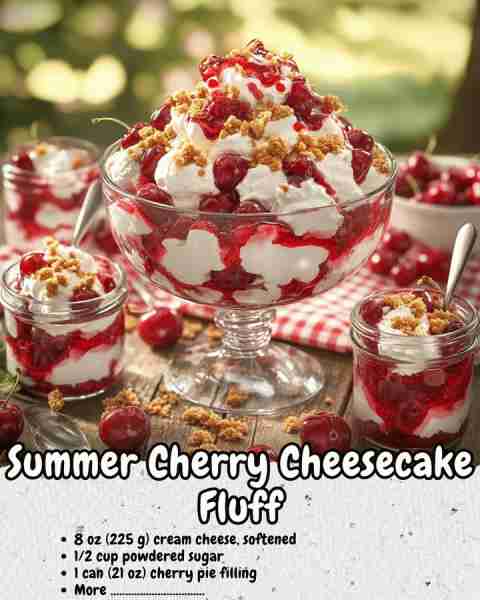 🍒 Summer Cherry Cheesecake Fluff : Light, Creamy, Fruity & the Ultimate No-Bake Summer Dessert! Ing...