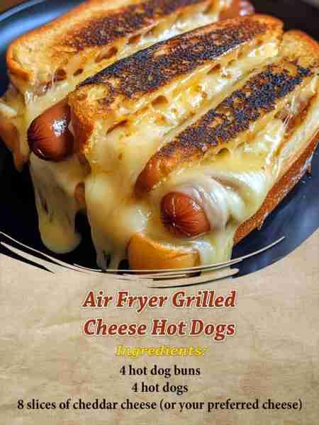 Air Fryer Grilled Cheese Hot Dogs Ingredients: 4 hot dog buns 4 hot dogs 8 slices of cheddar cheese...