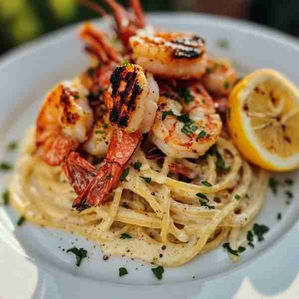 Creamy Garlic Alfredo Spaghetti with Grilled Shrimp & Lobster Serves: 2–3 Prep Time: 20 mins Cook Ti...