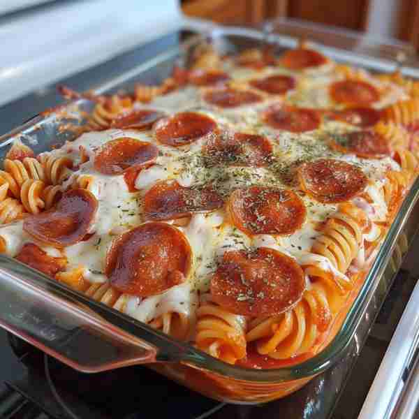 Pepperoni Pizza Casserole Ingredients 12 oz Rotini 24 oz Pizza sauce 1 cup Diced pepperoni ½ cup Who...