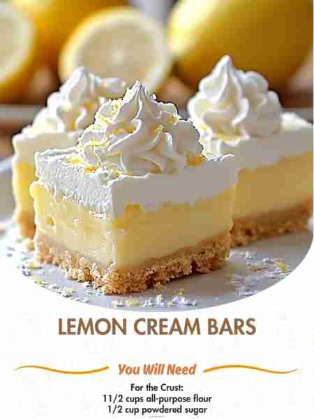 Lazy Day Lemon Cream Pie Bars Ingredients: For the Crust: 1½ cups all-purpose flour ½ cup powdered s...