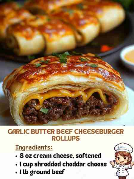 Garlic Butter Beef Cheeseburger Rollups Ingredients 8 oz cream cheese, softened 1 cup shredded chedd...