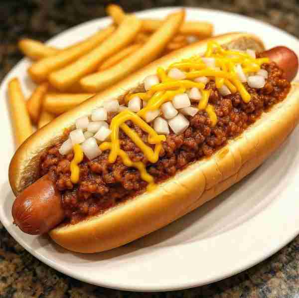 Chili Cheese Hot Dogs 🌭 Ingredients: 4 hot dogs 4 hot dog buns 1 cup chili (homemade or canned) 1/4...