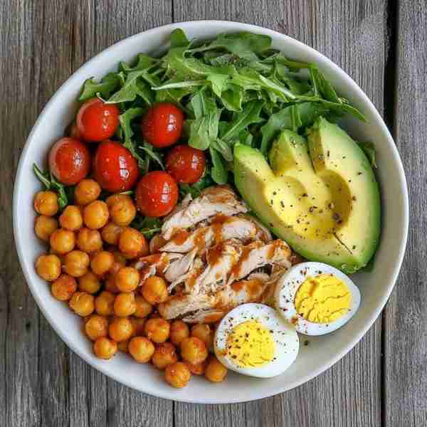 Ingredients: 1 grilled chicken breast (shredded or sliced) 1/2 cup cooked chickpeas (lightly spiced)...