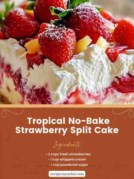Tropical No-Bake Strawberry Split Cake This tropical, no-bake dessert combines creamy layers of crea...