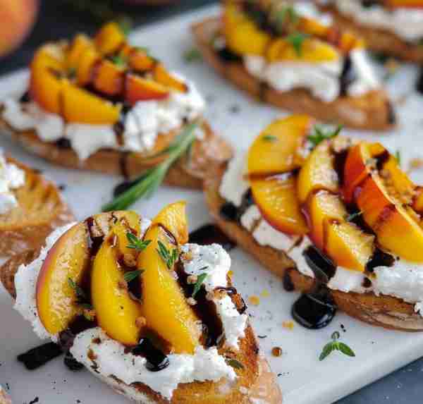 Peach & Goat Cheese Balsamic Crostini 🍑🧀✨ The combination of sweet peaches, creamy goat cheese, a...