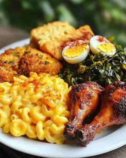 🍗 Herb Roasted Chicken with Baked Mac & Cheese, Collard Greens & Cornbread 🥬🧀🌽 A true Southern s...