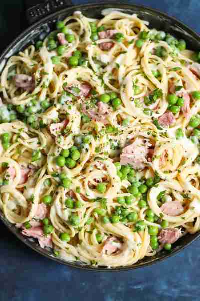 Ham and Peas Pasta with Garlic Parmesan Cream Sauce - The perfect way to use up all your leftover ha...