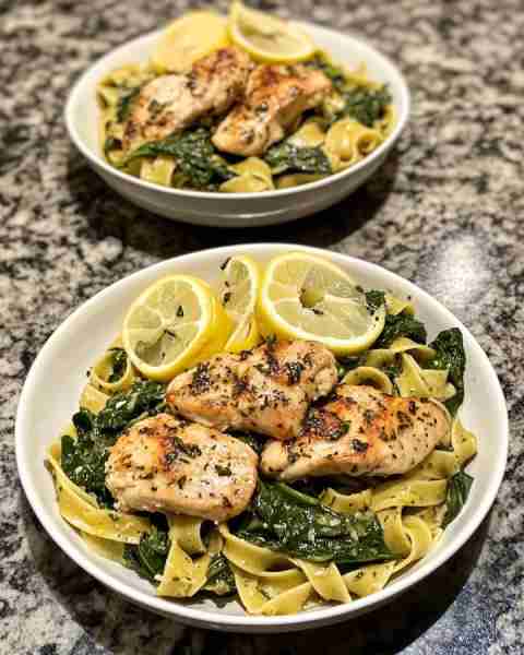 Spinach Fettuccine with Lemon Herb Chicken Zesty Lemon Herb Chicken over Creamy Spinach Fettuccine I...