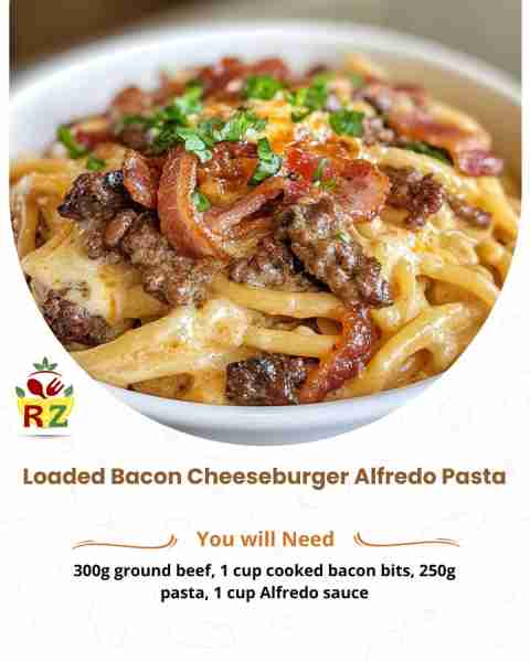 🍝 Loaded Bacon Cheeseburger Alfredo Pasta Ingredients: 1 lb ground beef 6 slices bacon, cooked and...