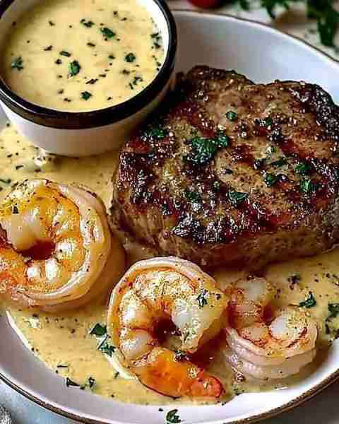 Creamy Garlic Parmesan Steak and Shrimp 🍤🧄 Ingredients: - 12 large shrimp, peeled and deveined - 2...