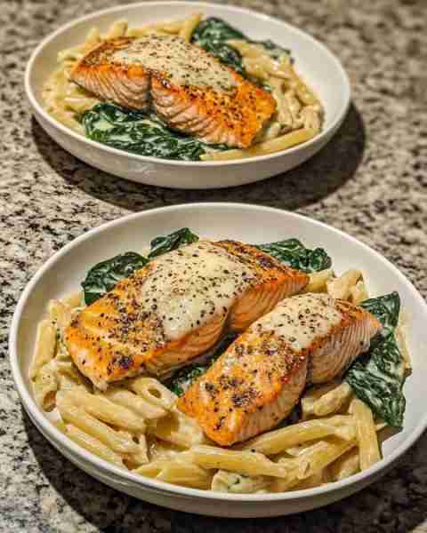 Roasted Garlic Salmon with Spinach Alfredo Penne Garlic-Infused Salmon Fillets with Creamy Spinach A...
