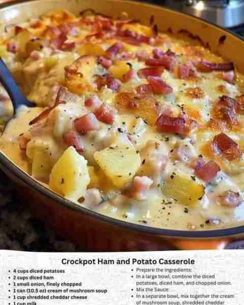 Crockpot Ham and Potato Casserole Ingredients: 4 cups diced potatoes 2 cups diced ham 1 small onion,...