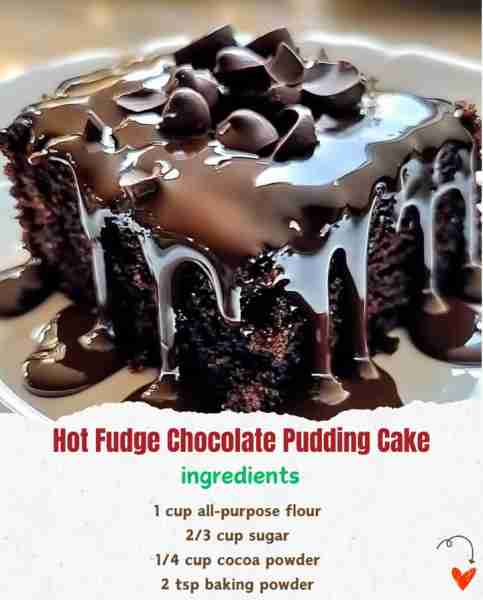 Hot Fudge Chocolate Pudding Cake 🍫🍰✨ Ingredients: 1 cup all-purpose flour 🥣 2/3 cup sugar 🥄...