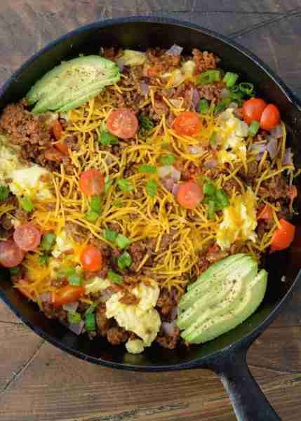 This egg scramble full of chorizo, peppers, onions, and cheese is the perfect high-protein breakfast...