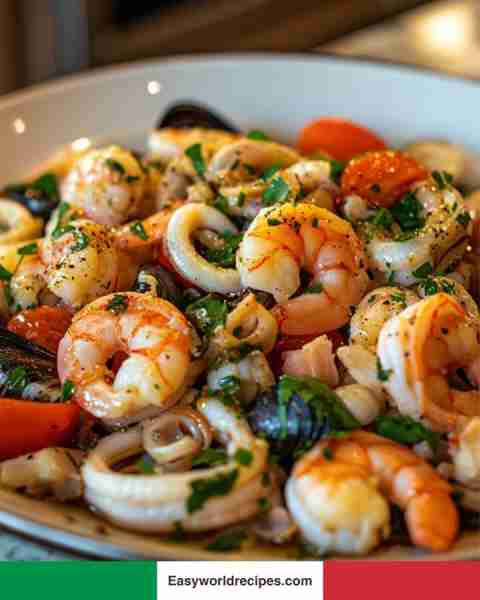 🇮🇹 Insalata di Mare (Italian Seafood Salad) A vibrant mix of shrimp, calamari, mussels, and clams in...