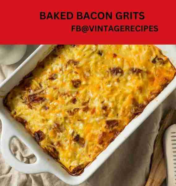 Baked Bacon Grits 8 thick-sliced bacon strips, chopped 3 cups water 3 cups chicken stock 1 tsp garli...