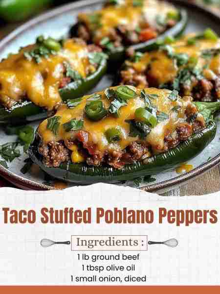 Taco Stuffed Poblano Peppers Ingredients: 4 large poblano peppers 1 lb ground beef 1 tbsp olive oil...
