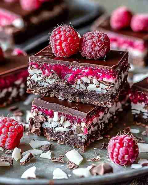 🍫✨Chocolate Raspberry Coconut Slices✨🍫 📝Ingredients: 1½ cups crushed chocolate biscuits ½ cup m...