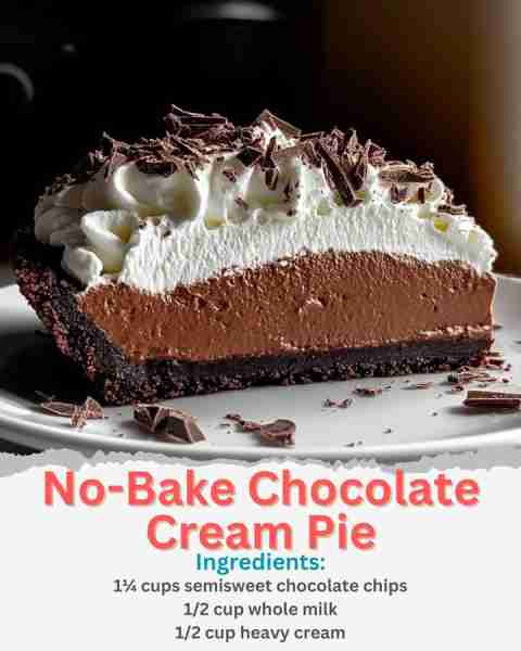 No-Bake Chocolate Cream Pie Ingredients: For the Crust: 2 cups crushed Oreo cookies (with filling) 1...