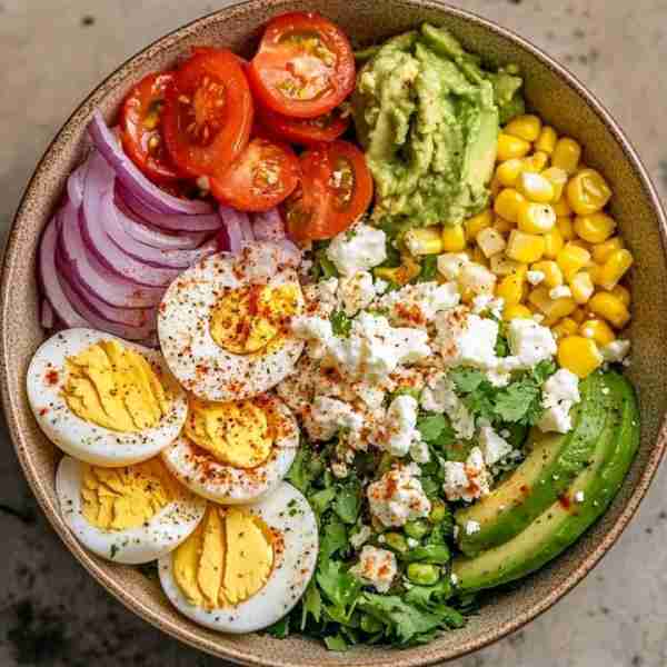Egg, Avocado & Corn Power Bowl 🥗🥚🥑🌽 Ingredients: 2 boiled eggs, sliced 🥚 ½ avocado, sliced 🥑 A...