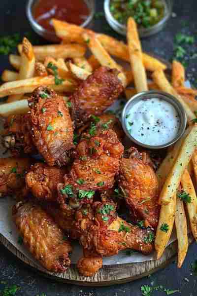 Crispy fried chicken wings paired with golden fries and served with dipping sauces. Ingredients: For...