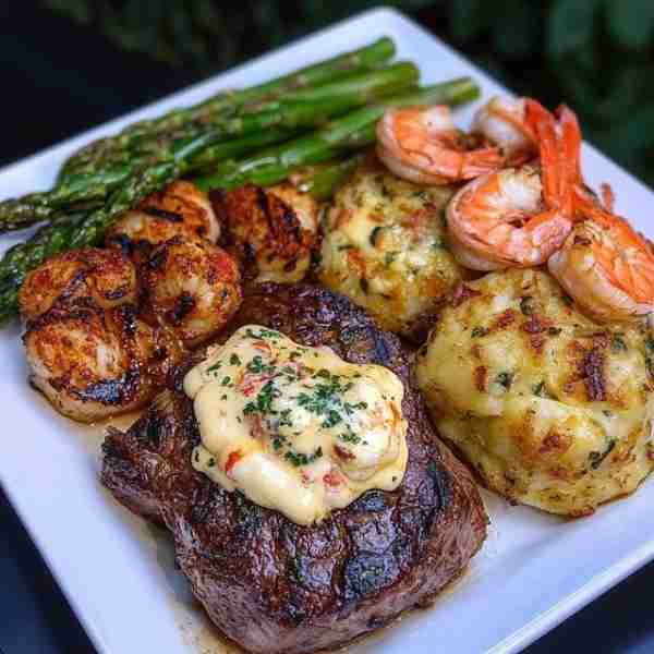 🔥 Surf & Turf Heaven with Creamy Bacon Potatoes and Garlic Asparagus 🥩🦞🍤 Get ready to throw down...