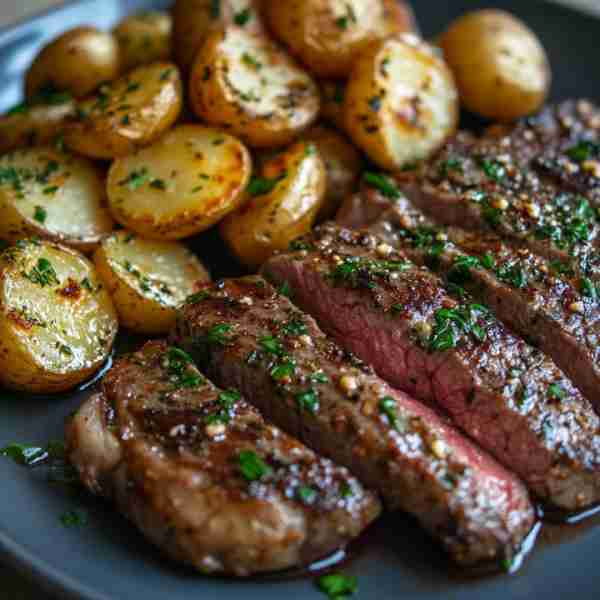 Garlic Herb Steak & Roasted Baby Potatoes Ingredients: 2 ribeye or sirloin steaks (about 1 inch thic...