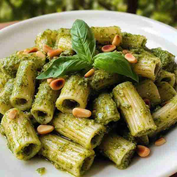 Rigatoni with Homemade Pesto, Toasted Pine Nuts & Basil Bright, aromatic pesto clinging to ridged ri...