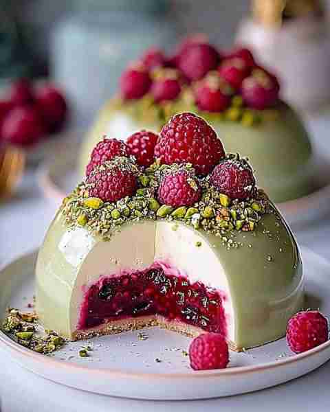 🍰 Pistachio & Raspberry Cheesecake Domes 🍰 📝 Ingredients: 1 cup crushed graham crackers 3 tbsp me...