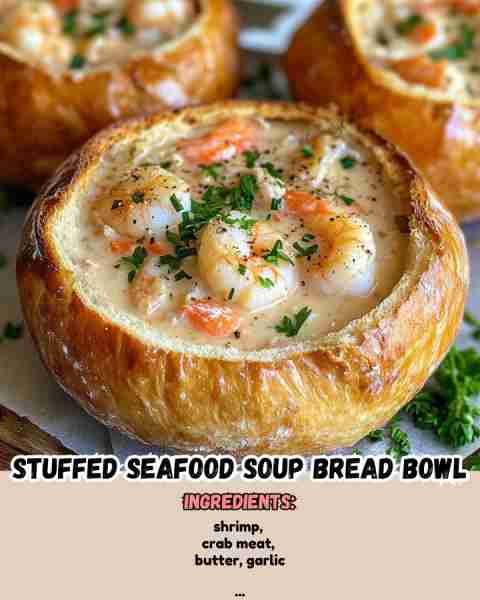 Stuffed Seafood Soup Bread Bowl Ingredients: - 1/2 lb shrimp, peeled - 1/2 lb crab meat - 2 tbsp...