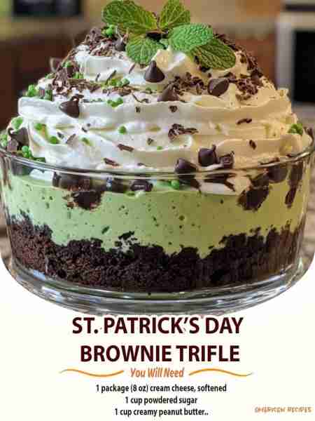 St. Patrick’s Day Brownie Trifle Ingredients: For the Brownie Layer: 1 box of brownie mix (or homema...