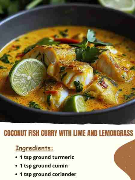 Coconut Fish Curry with Lime and Lemongrass Ingredients 1 tsp ground turmeric 1 tsp ground cumin 1 t...
