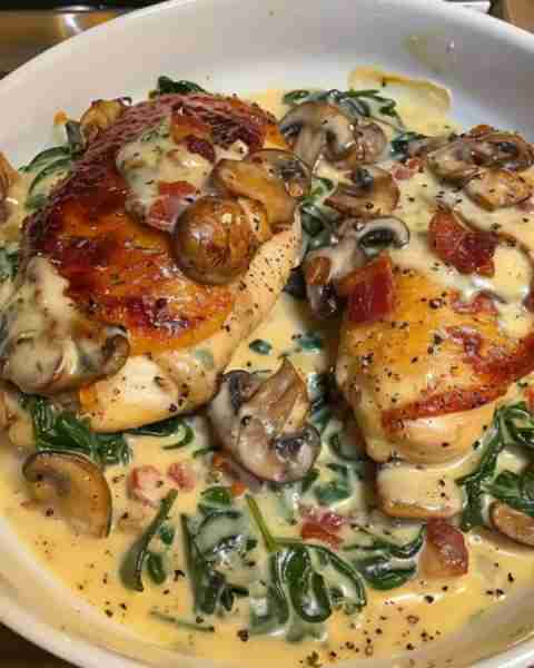 smothered chicken with creamed spinach bacon and mushrooms Ingredients For the Chicken 4 boneless, s...