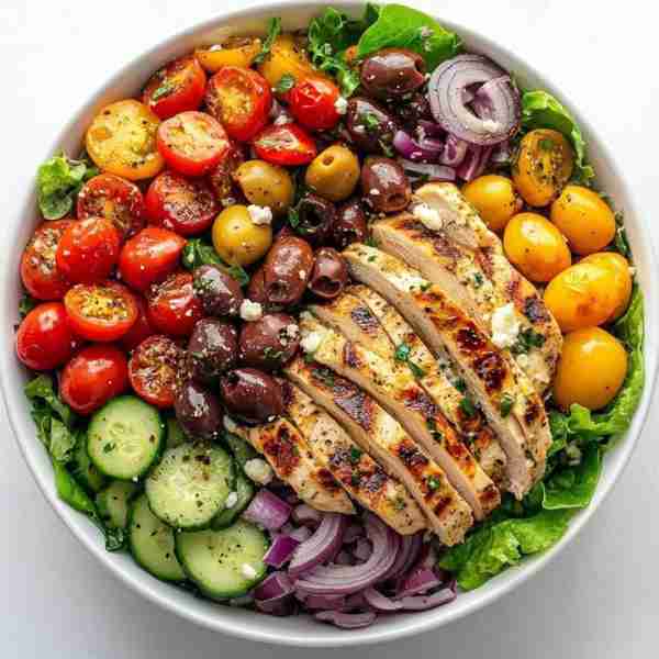 Mediterranean Grilled Chicken Salad Bowl ⏱️ Time: 20 minutes 🥗 Servings: 2 Ingredients: 🍗 1 grille...