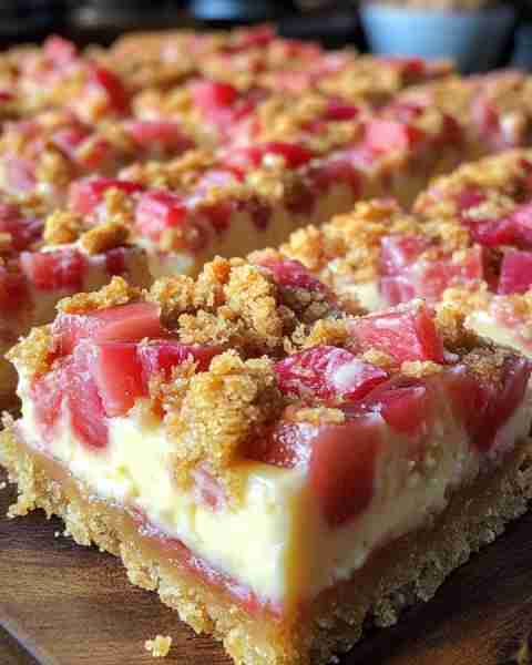 Rhubarb Cheesecake Squares Ingredients Crust: 1 1/2 cups graham cracker crumbs 1/3 cup sugar 6 table...