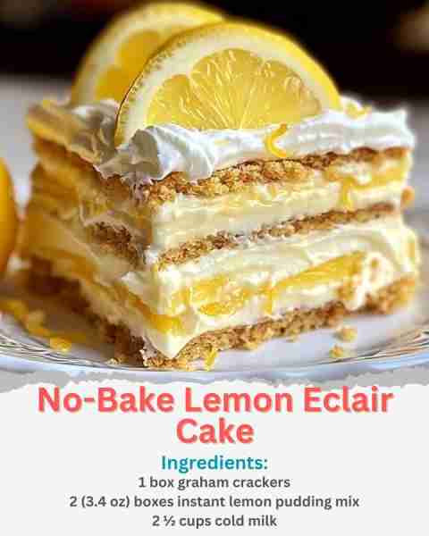 No-Bake Lemon Eclair Cake Ingredients: 1 box graham crackers 2 (3.4 oz) boxes instant lemon pudding...