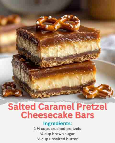 Salted Caramel Pretzel Cheesecake Bars Ingredients: Crust: 1 ½ cups crushed pretzels ¼ cup brown sug...