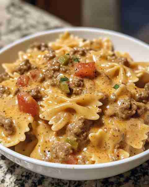 CREAMY BEEF & VELVEETA BOWTIE PASTA Ingredients: 1 lb ground beef 12 oz bowtie (farfalle) pasta 1 ta...