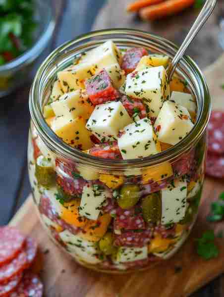 Easy Marinated Cheese Appetizer with Salami & Pickles 🧀🥒🍢 Ingredients: 8 oz cheddar, cubed 8...