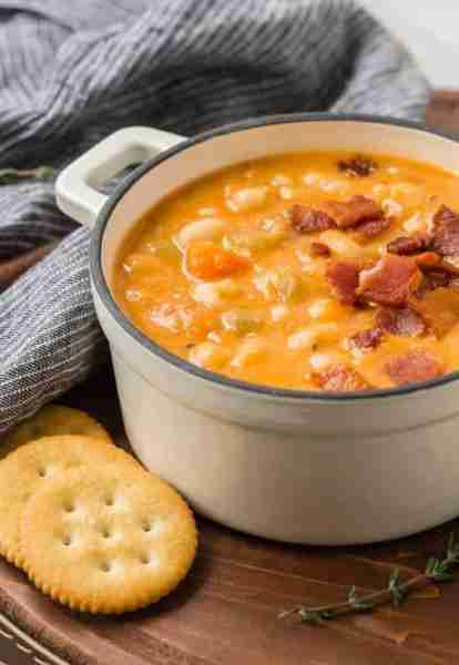 Smoky bacon and creamy white beans are combined in this familiar homestyle bean and bacon soup. http...