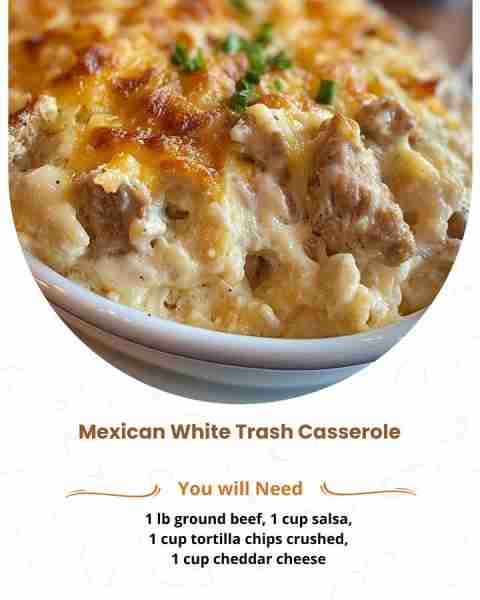 🌮 Mexican White Trash Casserole Ingredients: 1 lb ground beef 1 packet taco seasoning 1 (10 oz) can...